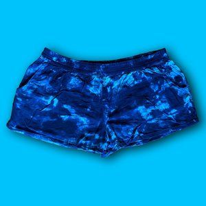 blue tie-dye booty shorts with elastic waistband